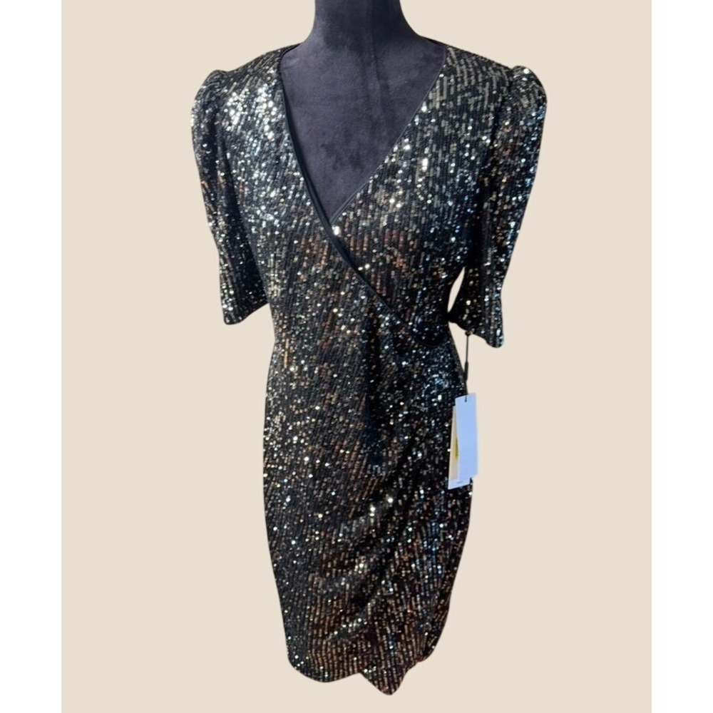 Calvin Klein Sequin Dress Women 12 Black New Puff Sleeve V-Neck Ruched Faux Wrap